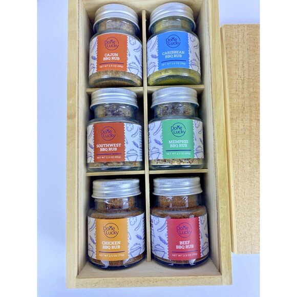 NEW BBQ SPICE Meat Rub  DONE LUCKY * Gift Set  * in Premium Wooden Box Set of 6 - Picture 9 of 9